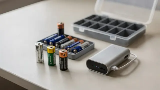 Batterien und Powerbank auf einem Tisch neben einem einfachen Batterietester und einer Aufbewahrungsbox