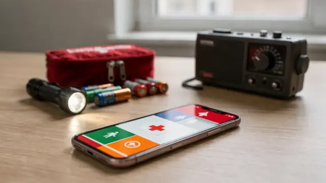 Smartphone mit Warn-App neben Radio und Notfallmappe zum Thema NINA-Warnapp