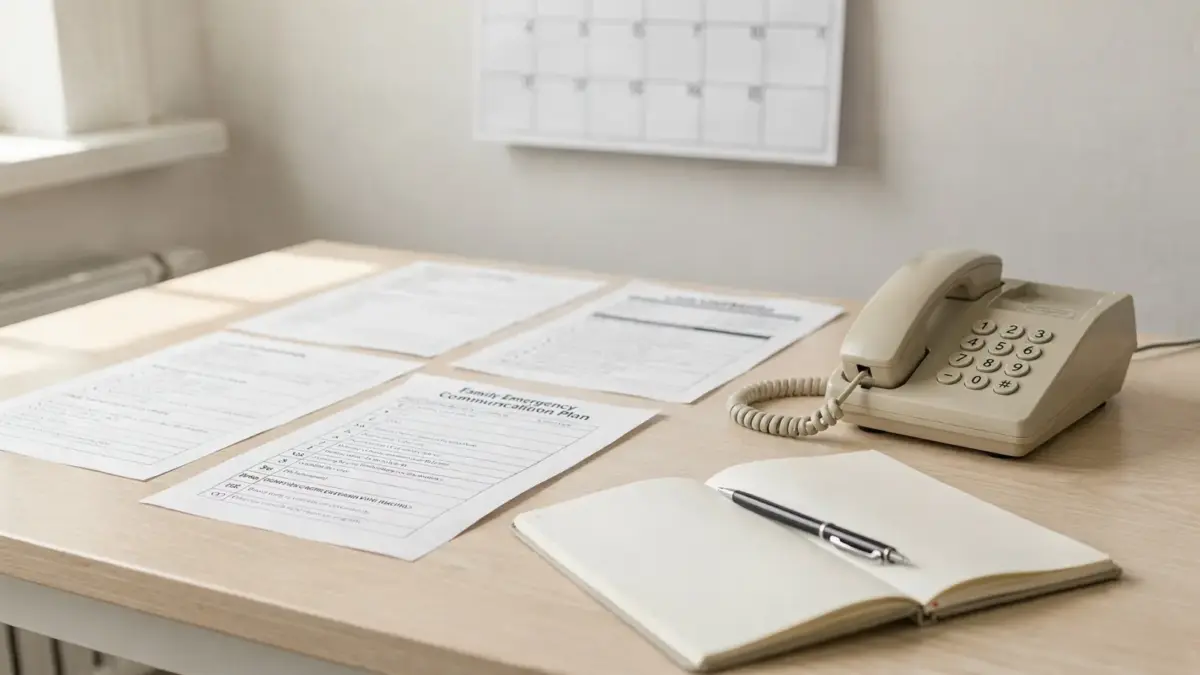 Analoge Kontaktliste mit Telefonnummern und Notfallplan für Familienkommunikation ohne Mobilfunk.