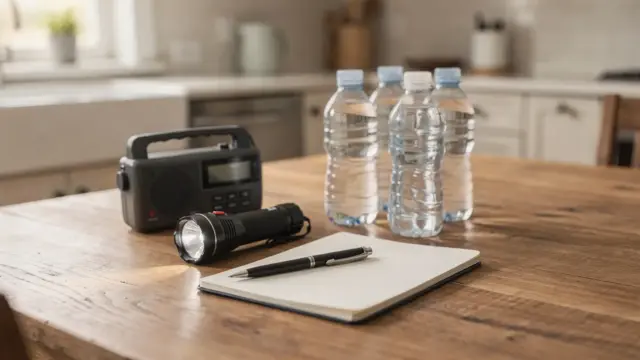 Eltern sprechen mit Kind am Tisch über einen einfachen Notfallplan mit Taschenlampe und Radio.
