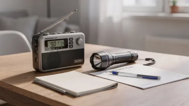 Notfallradio, Taschenlampe und Notizblock auf einem Tisch zum Thema Normalitätsbias und Krisenvorsorge