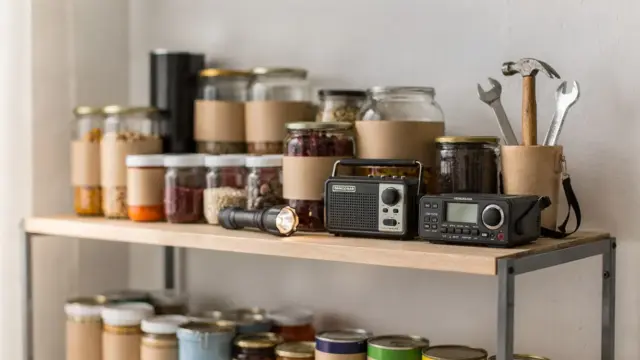 Notfallvorräte, Taschenlampe, Funkgerät und Werkzeug auf einem Tisch zum Thema Prepper und Krisenvorsorge.