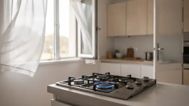 Offenes Küchenfenster neben einem Gasherd beim Kochen mit offener Flamme