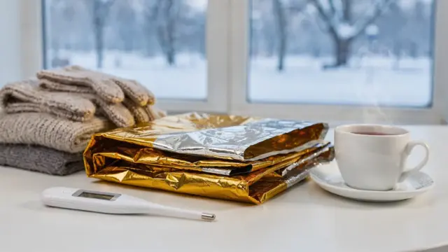 Thermometer, Rettungsdecke und warme Kleidung zur Unterkühlung bei winterlicher Kälte