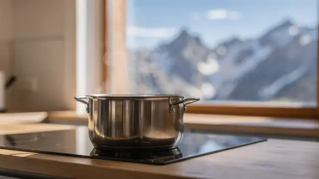 Topf mit kochendem Wasser auf dem Herd in einer Berghütte, im Hintergrund Alpenlandschaft.
