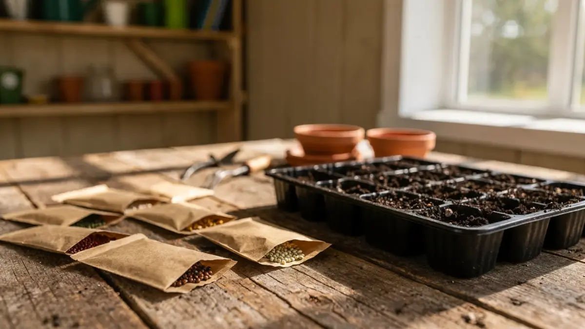 Samenfeste Gemüsesaatgut-Päckchen und Saatgut auf einem Gartentisch