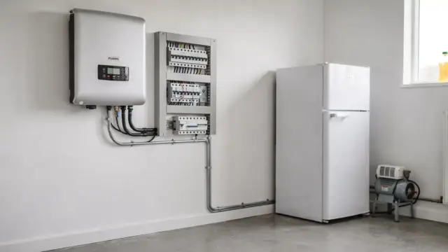Inselwechselrichter mit Batteriespeicher für Kühlschrank und Heizungspumpe im Technikraum