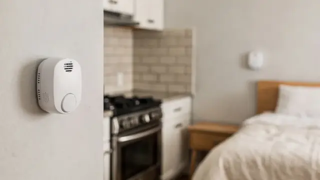 Kohlenmonoxidwarner an der Wand auf Kopfhöhe neben einem Ofen im Wohnraum
