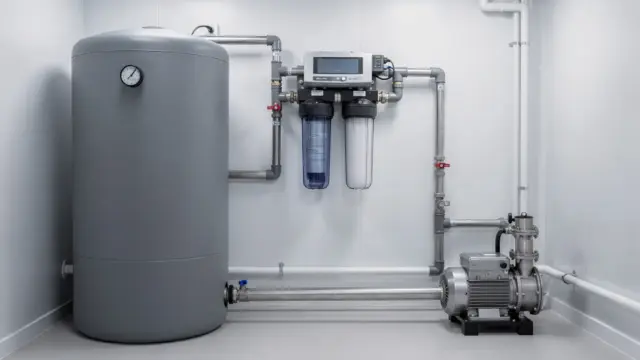Technische Anlage zur Regenwassernutzung mit Zisterne, Filter und Rohrleitungen in einem Kellerraum.