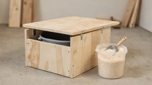 Selbst gebaute Trockentoilette aus Holzkasten mit Eimer und Streumaterial in einer Werkstatt