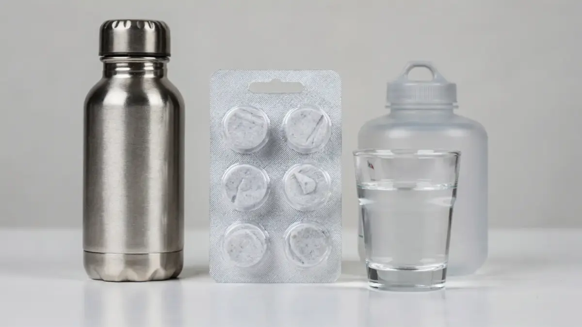 Trinkwasser-Tabletten neben Trinkflasche und Glas Wasser als Thema zu Anwendung, Dosierung, Risiken und Lagerung