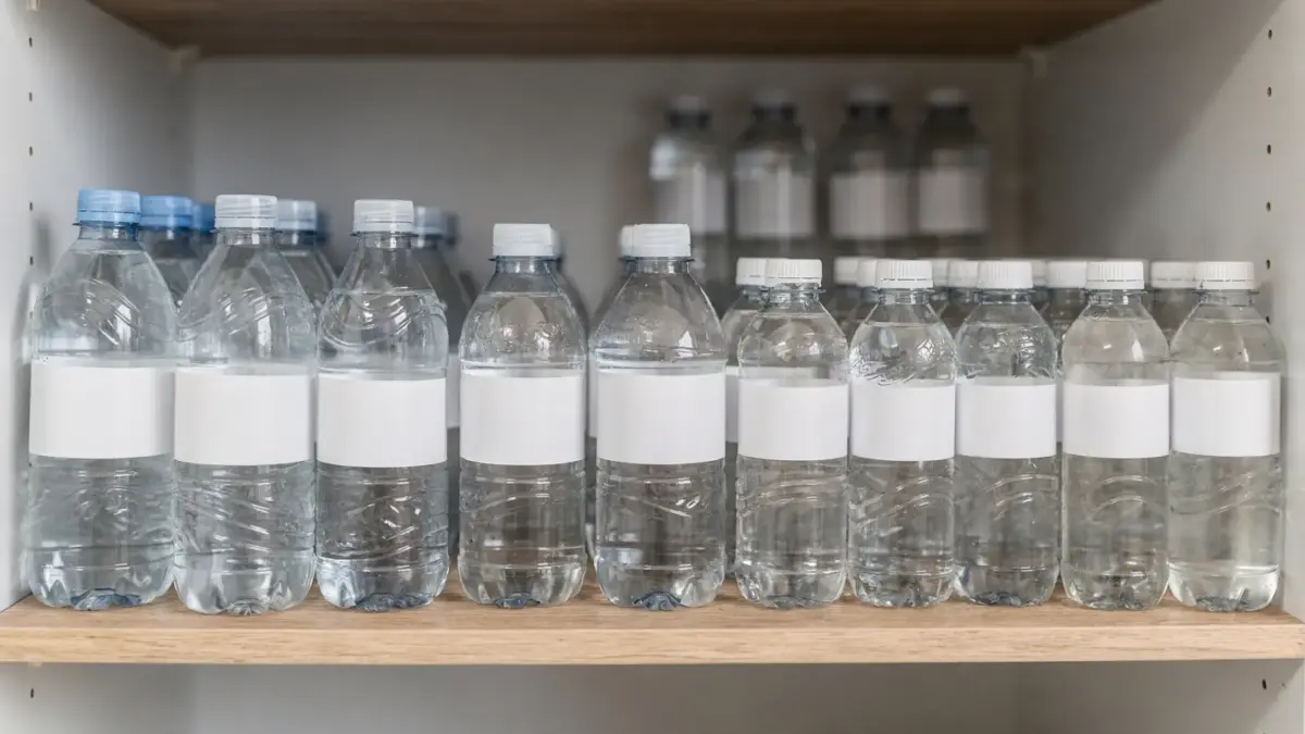 Notvorrat mit Trinkwasser in Kanistern und Flaschen zur sicheren Lagerung