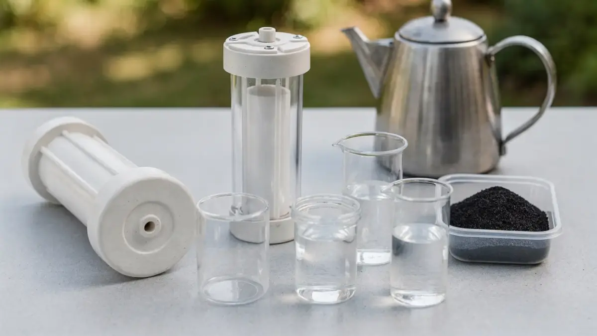 Wasseraufbereitung ohne Strom mit Schwerkraftfilter, Keramikfilter und Wasserbehältern