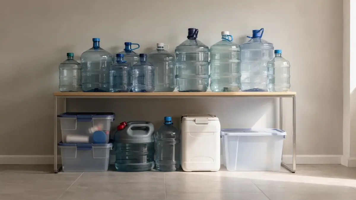 Gespeicherte Trinkwasser-Behälter im Regal zum Thema Trinkwasser lagern