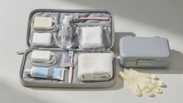 Geordnetes Hygieneset für den Krisenfall mit Seife, Tüchern, Zahnbürste und Desinfektionsmittel.