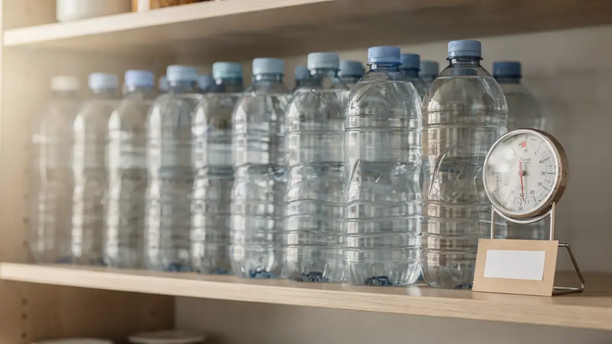 Gesicherter Wasser-Vorrat zuhause mit Wasserflaschen und Kanistern für die Lagerung von Trinkwasser