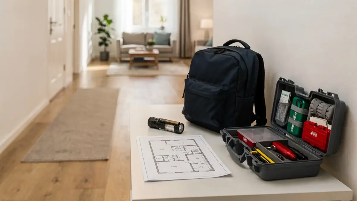 Wohnungsflur mit Evakuierungsplan, Taschenlampe und Notfallset zur Evakuierungsübung für die Wohnung