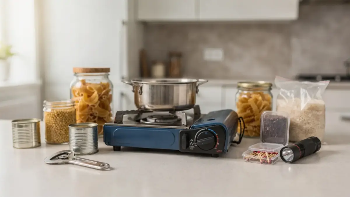 Kochen ohne Strom üben: Campingkocher, Topf und Notfallausrüstung in einer Küche