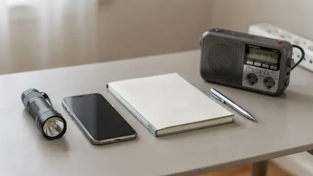 Stromausfall-Checkliste mit Taschenlampe, Notizbuch, Handy und Radio auf einem Tisch