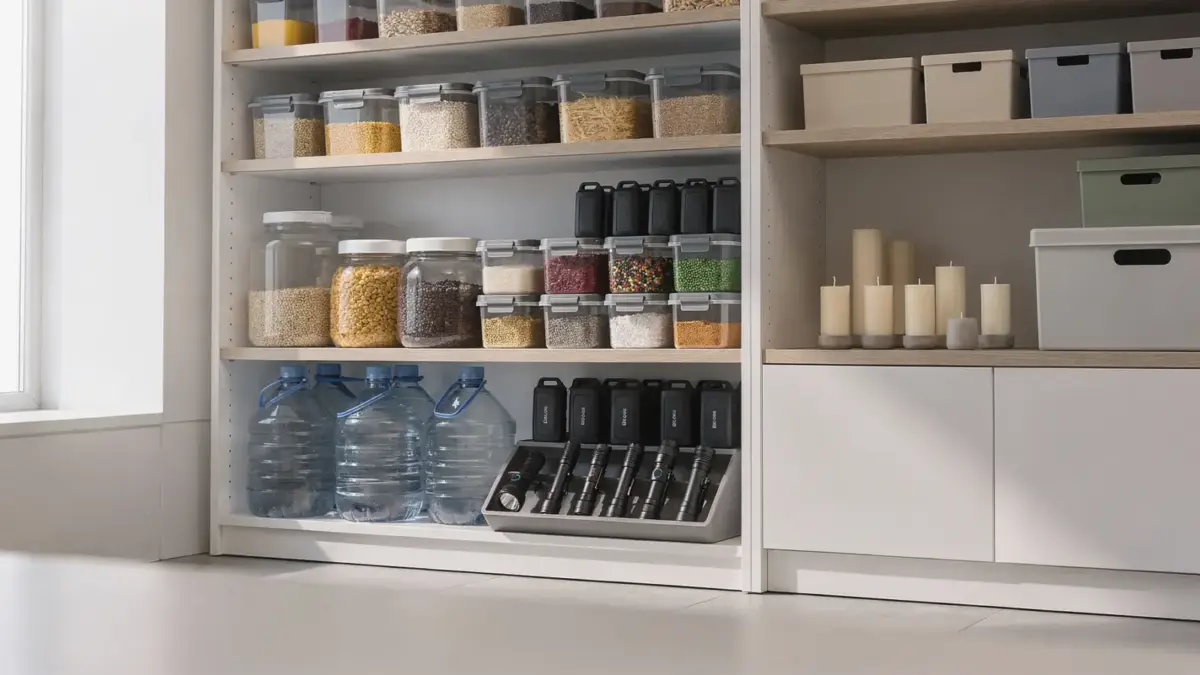 Vorräte im Haus: geordnete Lagerregale mit Lebensmitteln, Wasser und Haushaltsgeräten für das autarke Haus