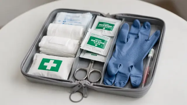 Geöffneter Erste-Hilfe-Kasten mit Verbandmaterial und Zubehör zum Prüfen von Inhalt und Vollständigkeit